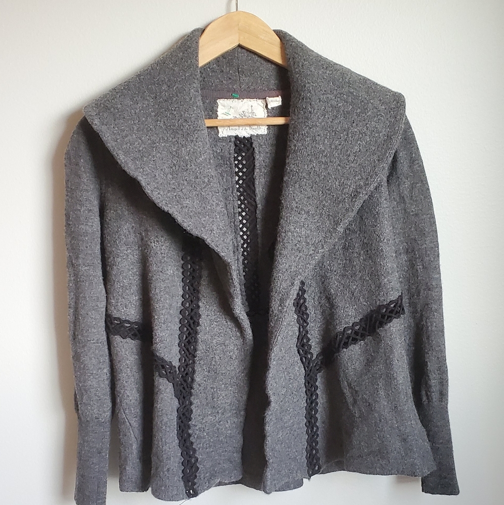 Anthropologie Gray Wool sweater/Jacket with Black Accents